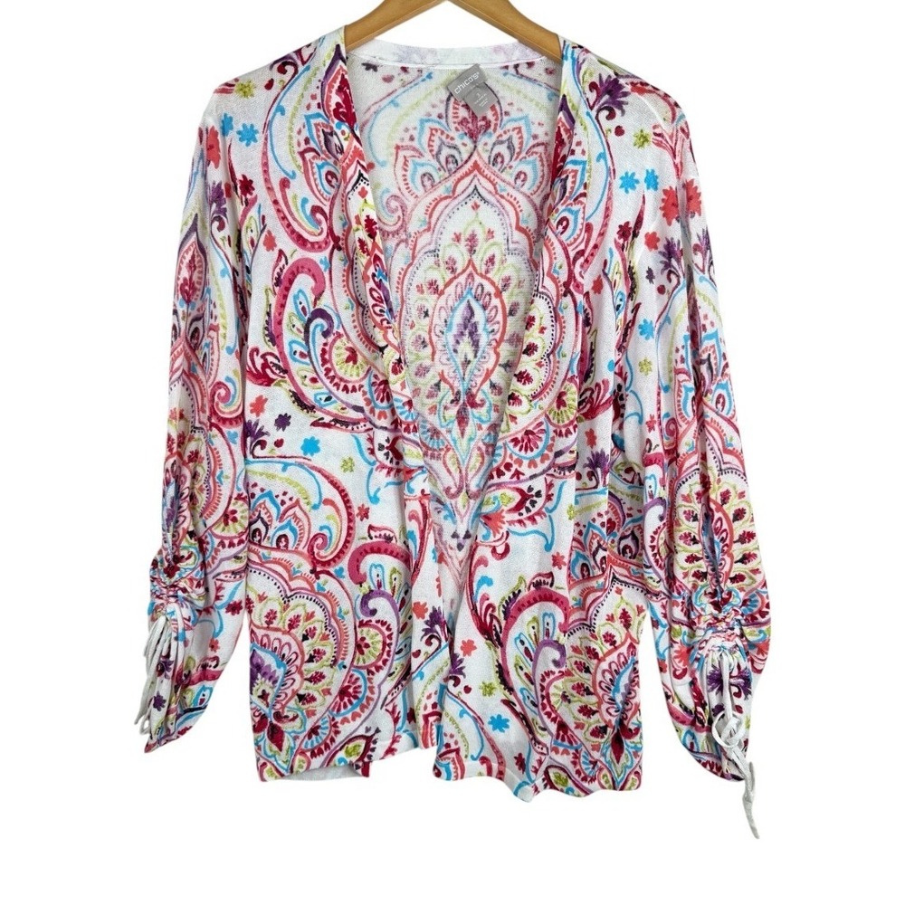 Chico's Paisley Print Long Ruched Sleeve Lightweight Cardigan size 3 (US XL)